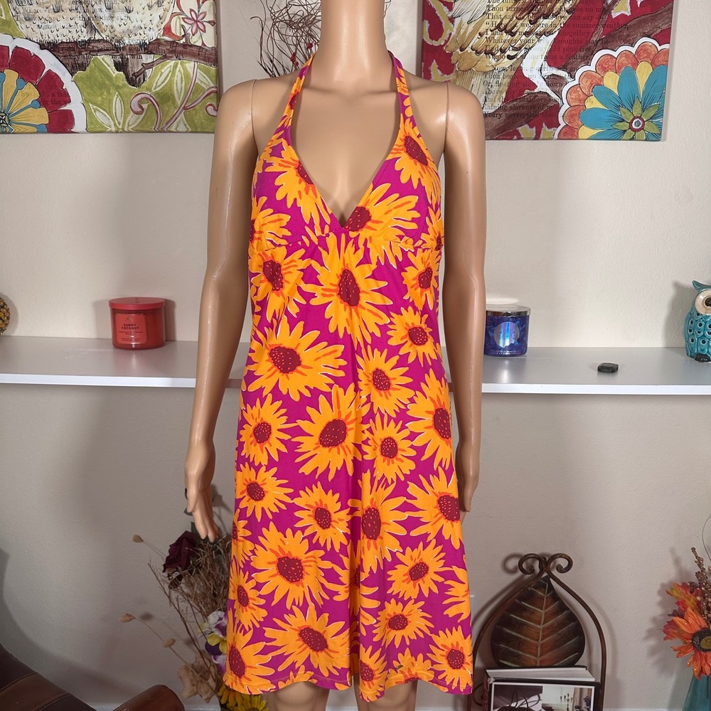 Vintage Flower Power Swim Cover Up Pink Orange Floral Halter Dress 60s 70s Mod